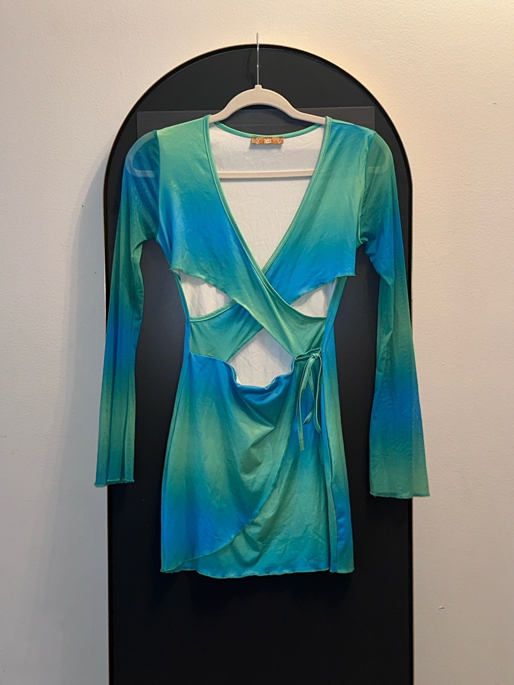 Gradient Blue-Green Wrap Cutout Mini Dress